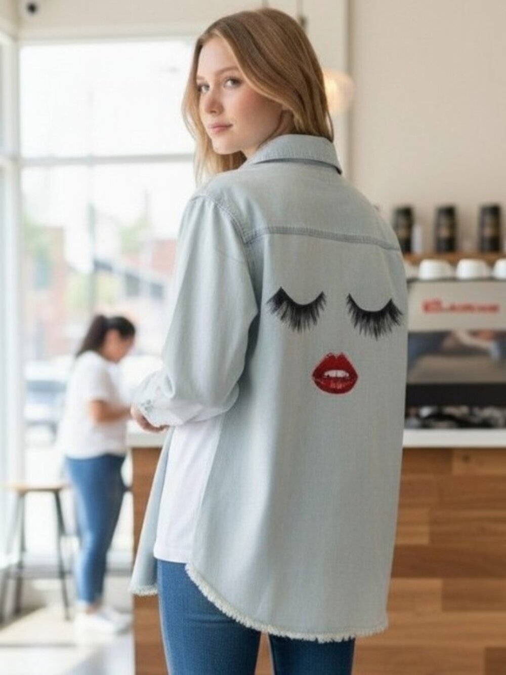 Lauren Moshi Lips Top light blue denim button down shirt Size M